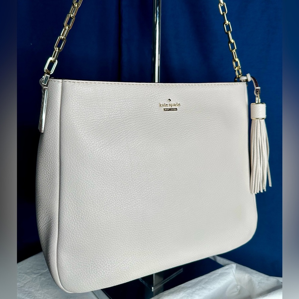 KATE SPADE Off-White Ivory Cream Pebbled Leather Gold Chain Tote Shoulder Bag